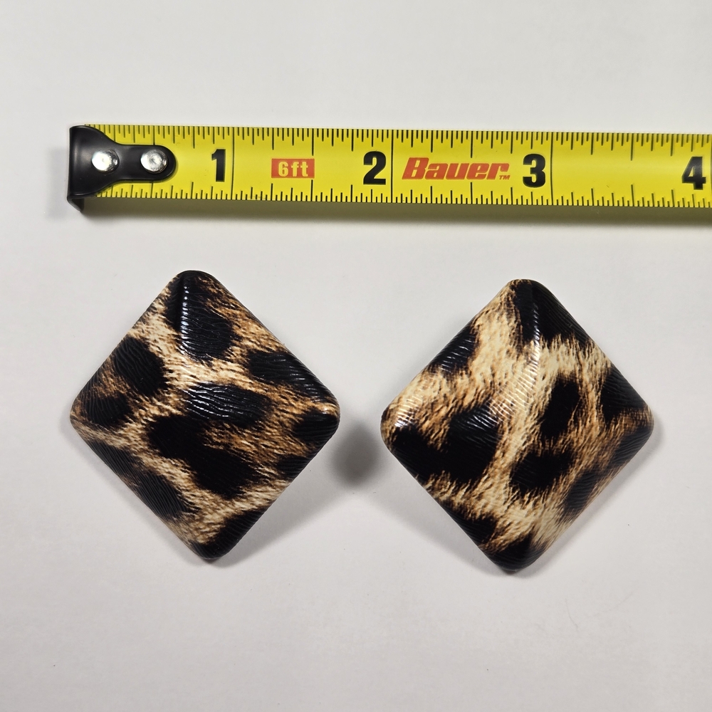 Vintage Leopard Print Square Pierced Earrings - Brown/Black - Picture 4 of 6